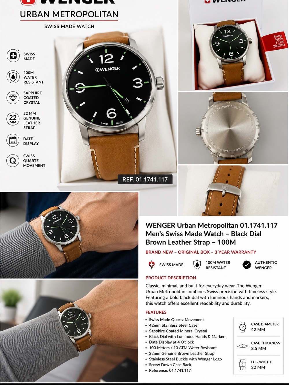 Wenger Men's Watch – Black Dial, Brown Leather Strap